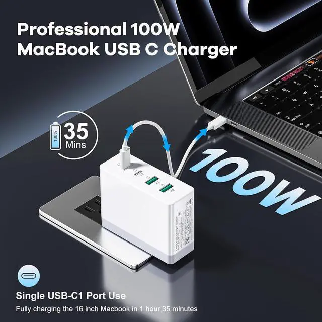 Alt view image 2 of 7 - 120W GaN USB C Charger Block Foldable 4Ports 100W PD Laptop Fast Charging Blocks USB C Wall Charger Power Adapter for MacBook Pro iPhone 16 iPad Pro Tablet Chromebook