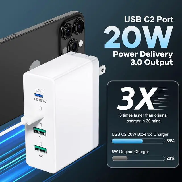 Alt view image 3 of 7 - 120W GaN USB C Charger Block Foldable 4Ports 100W PD Laptop Fast Charging Blocks USB C Wall Charger Power Adapter for MacBook Pro iPhone 16 iPad Pro Tablet Chromebook