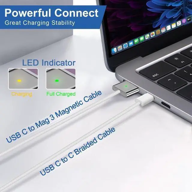 Alt view image 3 of 7 - 140W USB-c Power Adapter Mac Book Charger for Mac Book Pro 14 16 inch 2021 2023 M1 M2 Mac Book Air 13 15 inch M2 M3 2022-2024 with 6.6 FT Braided Magnetic USB-c to Mag 3 Cable and USB-c to C Cable