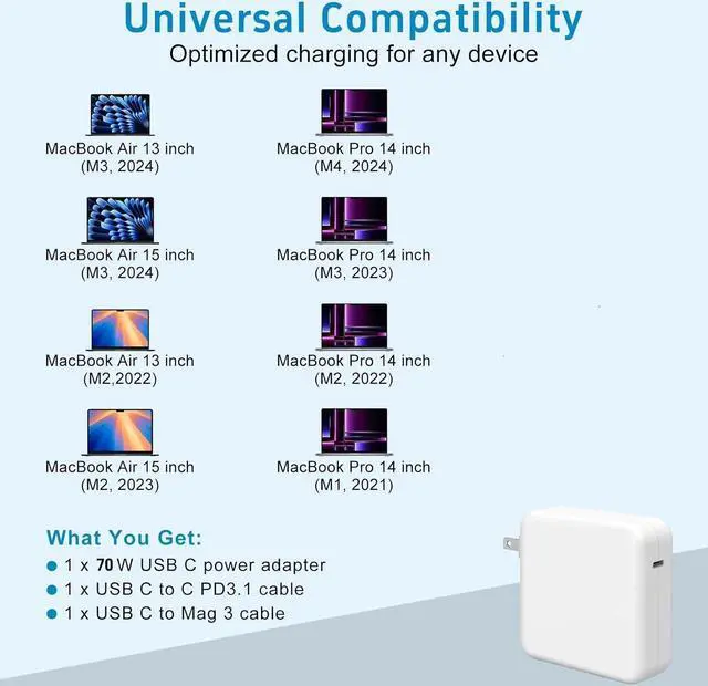 Alt view image 5 of 5 - Charger for Mac Book Air 15 13 Inch/Mac Book Pro14 Inch M3/M2/M1 from 2024 2023 2022 2021 70W USB-C to Mag 3 Power Adapter Include 6.6ft 5A USB-C to Mag 3 Cable