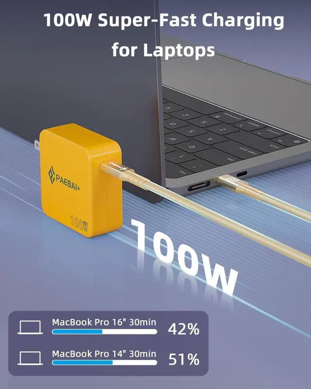 Alt view image 2 of 7 - 100W USB C Charger GaN Foldable Compact Wall Fast Charger for MacBook Pro MacBook Air  XPS iPhone 16 15 Series  Galaxy iPad Pro and All USB-C Devices 6.6ft Type C Cable