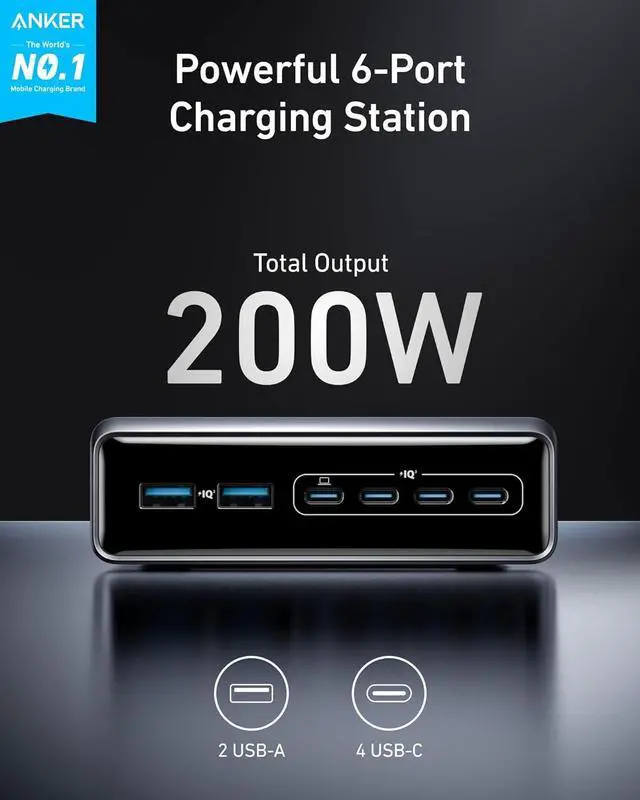Alt view image 2 of 6 - Prime Charger, 200W 6-Port GaN Charging Station, USB-C PD Fast Charging Desktop Charger, Compatible with iPhone, , MacBook,  and More