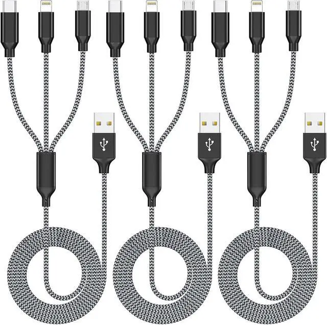 Main image of Multi Charging Cable 4ft 3Pack 3 in 1 Charger Cord, Multiple Rapid Nylon Braided Cable USB Charging Cable Multi Phone Charger Cord with Type C Micro Lightning USB Connectors for Cell Phones