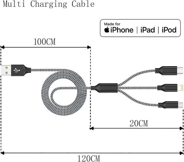Alt view image 3 of 7 - Multi Charging Cable 4ft 3Pack 3 in 1 Charger Cord, Multiple Rapid Nylon Braided Cable USB Charging Cable Multi Phone Charger Cord with Type C Micro Lightning USB Connectors for Cell Phones