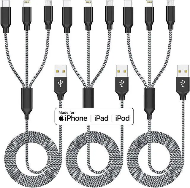 Alt view image 2 of 7 - Multi Charging Cable 3Pack 4FT Multiple Charger Cable Rapid Nylon Braided Cord USB Charging Cable 3 in 1 Multi Phone Charger Cord with Type C Micro Lightning USB Connectors for Cell Phones