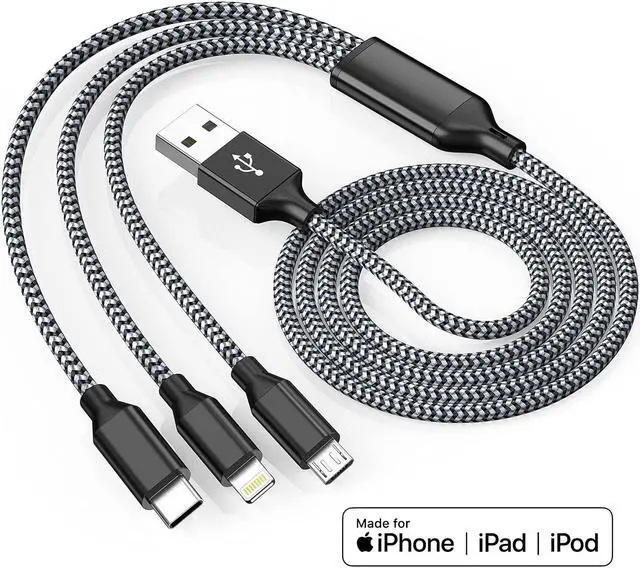 Alt view image 4 of 7 - Multi Charging Cable 3Pack 4FT Multiple Charger Cable Rapid Nylon Braided Cord USB Charging Cable 3 in 1 Multi Phone Charger Cord with Type C Micro Lightning USB Connectors for Cell Phones
