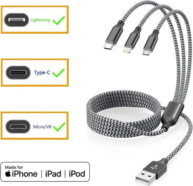 Alt view image 7 of 7 - Multi Charging Cable 4ft 3Pack 3 in 1 Charger Cord, Multiple Rapid Nylon Braided Cable USB Charging Cable Multi Phone Charger Cord with Type C Micro Lightning USB Connectors for Cell Phones