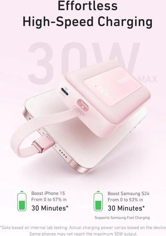 Alt view image 3 of 6 - Zolo Power Bank 20 000mAh 30W High-Speed Portable Charger with Built-in USB-C Cable 1 USB-C 1 USB-A Battery Pack for iPhone 16/15/15 Pro/15 Pro Max/15 Plus MacBook Galaxy and More