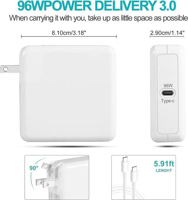 Alt view image 3 of 7 - MacBook Pro Charger for MacBook Air 13 14 15 16 inch 2024 2023 2022 2021 2020 M1 M2 M3 chip Laptop 96W USB C Power Adapter Mac Book Computer Fast Charger Block for USBC Device Included Type C Cable