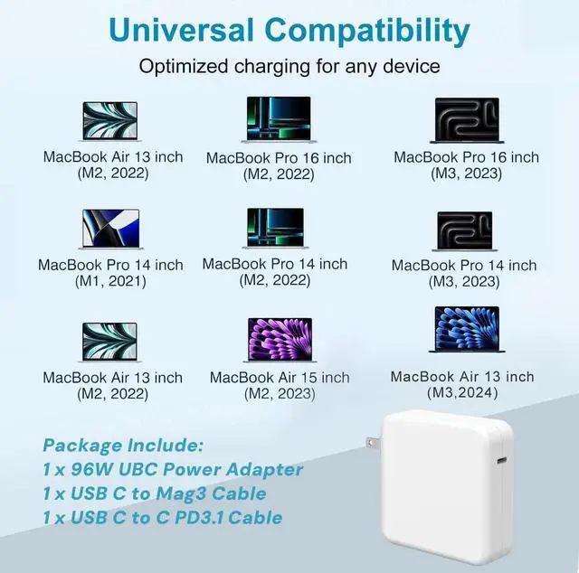 Alt view image 5 of 6 - Mac Book Pro Charger 96W USB-C to Mag 3(PD 3.1 28V) Power Adapter Compatible with Mac Book Pro/Air 15 14 13 Inch M2/M1 from 2023-2021(Include 6.6ft 5A USB-C to Mag 3 Cable/NOT for M3