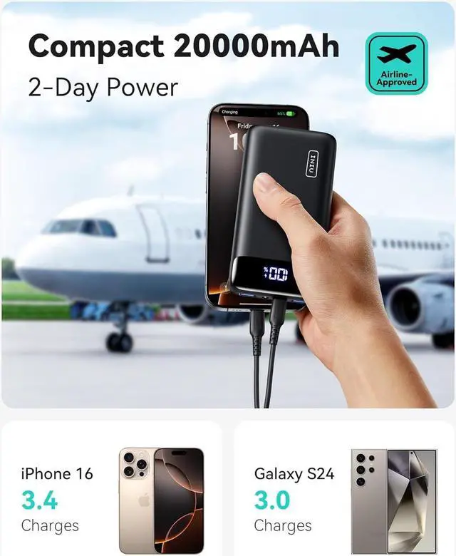 Alt view image 2 of 7 - Portable Charger 22.5W 20000mAh USB C in & Out Power Bank Fast Charging PD 3.0+QC 4.0 LED Display Phone Battery Pack Compatible with iPhone 16 15 14 13 Pro  S23 Google iPad Tablet etc