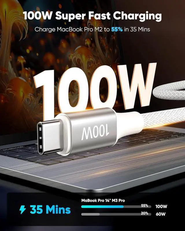 Alt view image 2 of 7 - 100W USB C to USB C Cable for MacBook Pro/Air (2023-2018) iPhone 16/15 Series iPad Pro/Air Nylon Braided Type-C Fast Charging Cord (6.6ft 2-Pack)