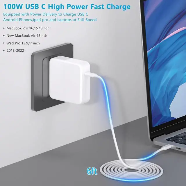 Alt view image 5 of 7 - Mac Book Pro Charger-100W USB C Charger Fast Charging for MacBook Pro/MacBook Air 16 15 14 13 Inch iPad Pro and All USB C Device Travel Computer Power Adapter Cord with 5A USB C-C Charger Cable