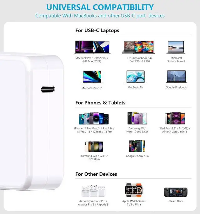 Alt view image 7 of 7 - Mac Book Pro Charger-100W USB C Charger Fast Charging for MacBook Pro/MacBook Air 16 15 14 13 Inch iPad Pro and All USB C Device Travel Computer Power Adapter Cord with 5A USB C-C Charger Cable