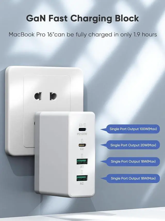 Alt view image 2 of 7 - Mac Book Pro Charger 120W GaN 4-Port USB C Charger Block Exclusive PD 100W for MacBook Pro/Air ipad Pro  Galaxy iPhone 16/15/Pro and All USB C Device-White
