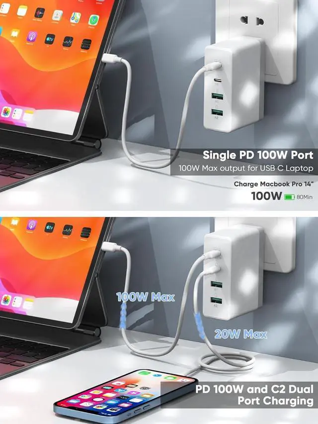 Alt view image 4 of 7 - Mac Book Pro Charger 120W GaN 4-Port USB C Charger Block Exclusive PD 100W for MacBook Pro/Air ipad Pro  Galaxy iPhone 16/15/Pro and All USB C Device-White