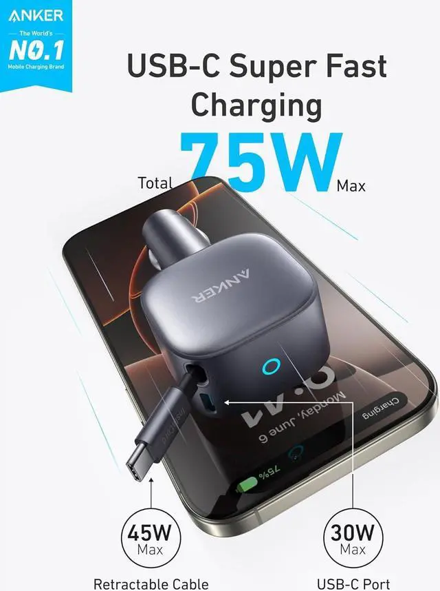 Alt view image 2 of 6 - USB-C Car Charger 75W Max Ultra-Compact Type-C Fast Car Charger with Built-in Retractable Cable Car Adapter for iPhone 16/15/14 Series MacBook Pro/Air iPad Galaxy AirPods and More