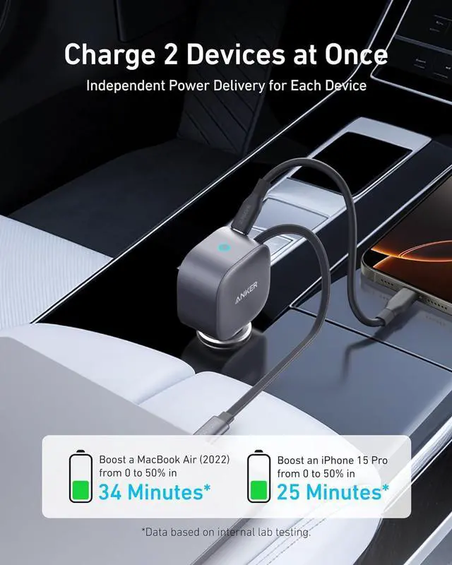 Alt view image 3 of 6 - USB-C Car Charger 75W Max Ultra-Compact Type-C Fast Car Charger with Built-in Retractable Cable Car Adapter for iPhone 16/15/14 Series MacBook Pro/Air iPad Galaxy AirPods and More