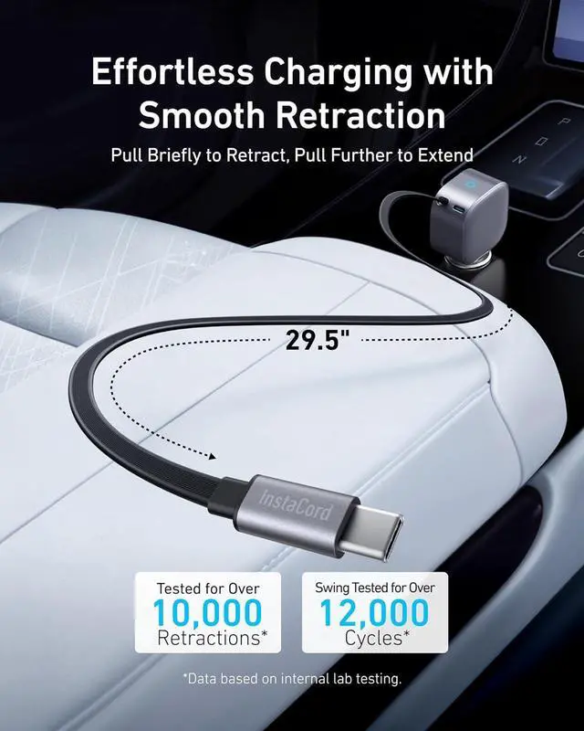Alt view image 4 of 6 - USB-C Car Charger 75W Max Ultra-Compact Type-C Fast Car Charger with Built-in Retractable Cable Car Adapter for iPhone 16/15/14 Series MacBook Pro/Air iPad Galaxy AirPods and More