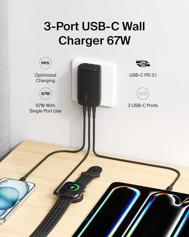 Alt view image 2 of 7 - BoostCharge 3-Port USB-C Wall Charger with PPS 67W USB-C PD 3.1 Enabled Fast Charging iPhone Charger for iPhone 16 Series MacBook Pro AirPods Galaxy and Other PD Enabled Devices - Black