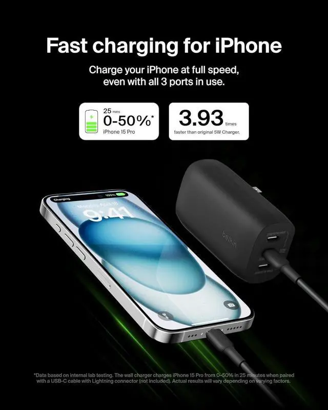 Alt view image 3 of 7 - BoostCharge 3-Port USB-C Wall Charger with PPS 67W USB-C PD 3.1 Enabled Fast Charging iPhone Charger for iPhone 16 Series MacBook Pro AirPods Galaxy and Other PD Enabled Devices - Black