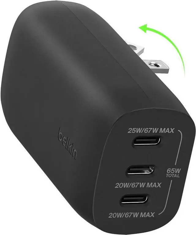 Main image of BoostCharge 3-Port USB-C Wall Charger with PPS 67W USB-C PD 3.1 Enabled Fast Charging iPhone Charger for iPhone 16 Series MacBook Pro AirPods Galaxy and Other PD Enabled Devices - Black