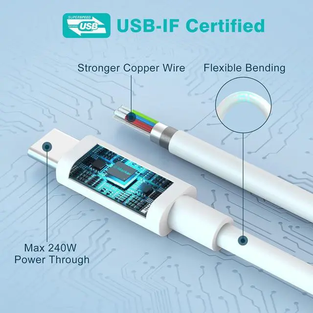 Alt view image 5 of 7 - 240W USB C to USB C Cable 10ft USB-C Charger Cord Type C Fast Charging for MacBook Pro MacBook Air Charger iPad Pro 13 12.9 11 inch iPad Air 5 4 Mini 6 iPhone 15/15Pro Pixel