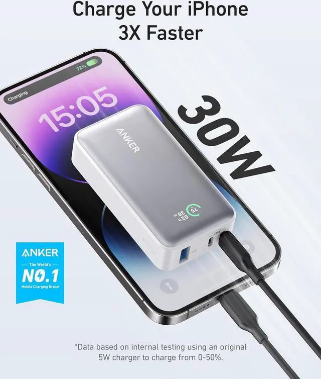 Alt view image 2 of 6 - Power Bank Power IQ 3.0 Portable Charger with PD 30W Max Output (PowerCore 30W) 10 000mAh Battery Pack for iPhone 15/15 Plus/15 Pro/15 Pro Max MacBook   Surface and More