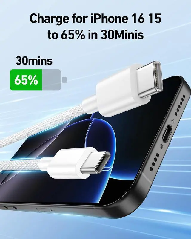 Alt view image 2 of 7 - USB C to USB C Cable 6FT Braided for MacBook Pro/Air Charger Cord for iPhone 16 15 Pro Max Apples iPad  Galaxy S24 S23 Google Pixel 9/8 Laptop 2Pack 60W USBC Type-C Fast Charging Wire