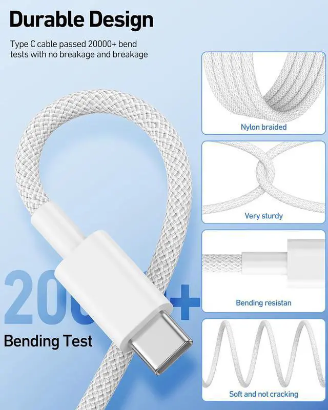 Alt view image 3 of 7 - USB C to USB C Cable 6FT Braided for MacBook Pro/Air Charger Cord for iPhone 16 15 Pro Max Apples iPad  Galaxy S24 S23 Google Pixel 9/8 Laptop 2Pack 60W USBC Type-C Fast Charging Wire