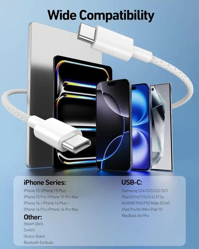 Alt view image 6 of 7 - USB C to USB C Cable 6FT Braided for MacBook Pro/Air Charger Cord for iPhone 16 15 Pro Max Apples iPad  Galaxy S24 S23 Google Pixel 9/8 Laptop 2Pack 60W USBC Type-C Fast Charging Wire