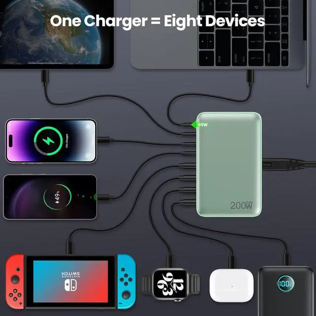 Alt view image 2 of 7 - USB C Charger 200W USB C Charger Block GaN III 8-Port Fast Charging Station PD 65W Laptop Charger Adapter Compatible with MacBook Pro/Air  HP Surface iPhone 15/14/13 Galaxy S23/22 (G)