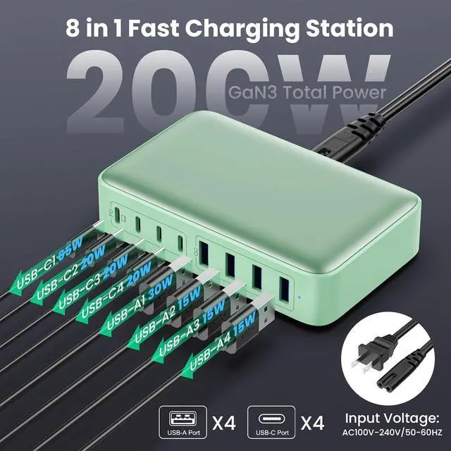 Alt view image 4 of 7 - USB C Charger 200W USB C Charger Block GaN III 8-Port Fast Charging Station PD 65W Laptop Charger Adapter Compatible with MacBook Pro/Air  HP Surface iPhone 15/14/13 Galaxy S23/22 (G)