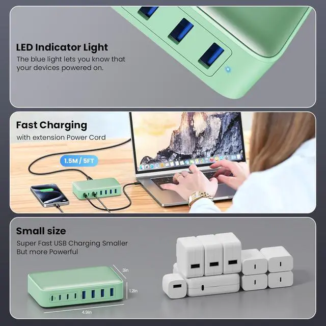 Alt view image 5 of 7 - USB C Charger 200W USB C Charger Block GaN III 8-Port Fast Charging Station PD 65W Laptop Charger Adapter Compatible with MacBook Pro/Air  HP Surface iPhone 15/14/13 Galaxy S23/22 (G)
