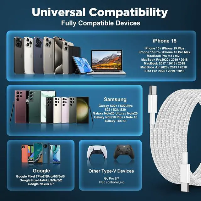 Alt view image 6 of 7 - USB C to USB C Cable 6FT+10FT 2Pack 60W iPhone 16 15 Charger Cord Long Type C to C Cable Fast Charging for Apple iPhone 16 15/Pro/Pro Max/Plus/iPad Pro Air/MacBook/Air/Mini/ Galaxy S24/S23
