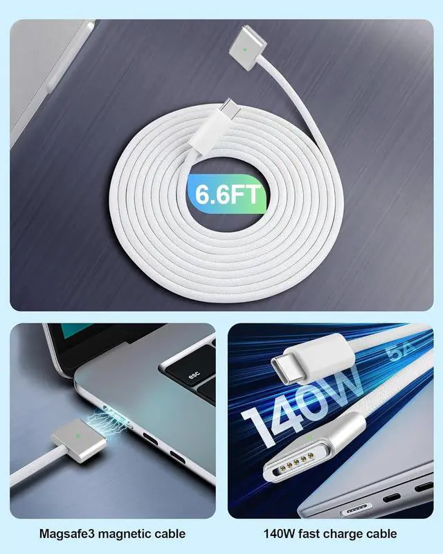Alt view image 2 of 7 - 140W Magnetic 3 Cable for MacBook Charging Cable USB-C to Magnetic 3 Cable Compatible with MacBook Air 2023/2022 (M2) MacBook Pro 2023 (M3 M2 14-16 inch) MacBook Pro 2021 (M1 14-16 inch)6.6FT