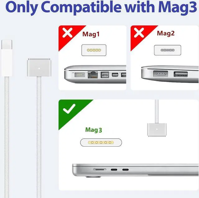 Alt view image 3 of 6 - 140W USB-C to Magnetic 3 Cable 2m/6.6ft Compatible with MacBook Air M3 13/15 2024 MacBook Pro M3 14/16 2024 MacBook Pro M2 14/16 2023 MacBook Air M2 2022/2023 MacBook Pro M1 14/162021