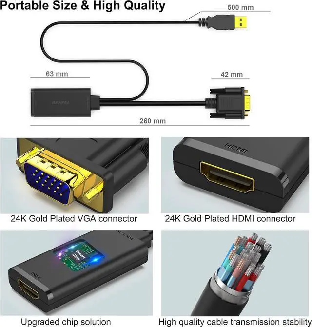 Alt view image 6 of 7 - HDMI to VGA Adapter Cable Haokiang 6ft/1.8m Gold-Plated 1080P HDMI Male to VGA Male Active Video Converter Cord Support Notebook PC DVD Player Laptop HDTV to D-SUB HD 15 Pin VGA Monitors Projector