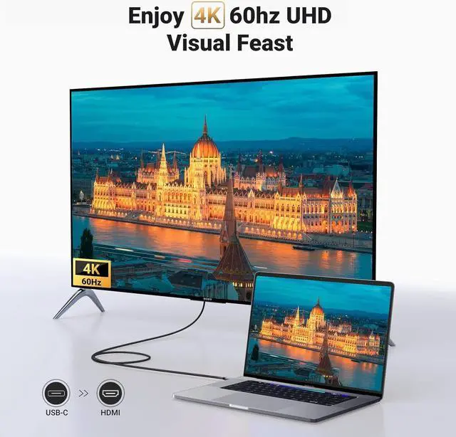 Alt view image 2 of 7 - USB C to HDMI Cable (4K@60Hz) 3.3FT Type C Thunderbolt 4/3 to HDMI for Home Office Compatible with iPhone 16 Pro Max Plus MacBook Pro Air iPad Pro XPS Galaxy S24 Steam Deck