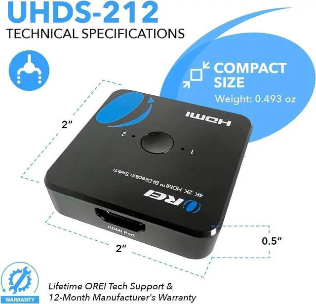 Alt view image 5 of 7 - HDMI Switch 4K HDMI Splitter - 2x1 Bi Directional - 4:4:4 8-bit - HDMI 2.0 HDCP 2.2 18 Gbps 4K @ 60Hz HDMI UltaHD High Resolution Switch Between 2 Inputs or Toggle Displays (UHDS-212)