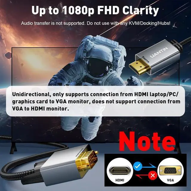 Alt view image 2 of 7 - HDMI to VGA Cable Adapter 6FT |Anti-Interference Gold-Plated Plugs| 1080P Uni-Directional HDMI (Source) to VGA (Monitor) Braided Cord (Male to Male) for PC Laptop Xbox Graphics Card