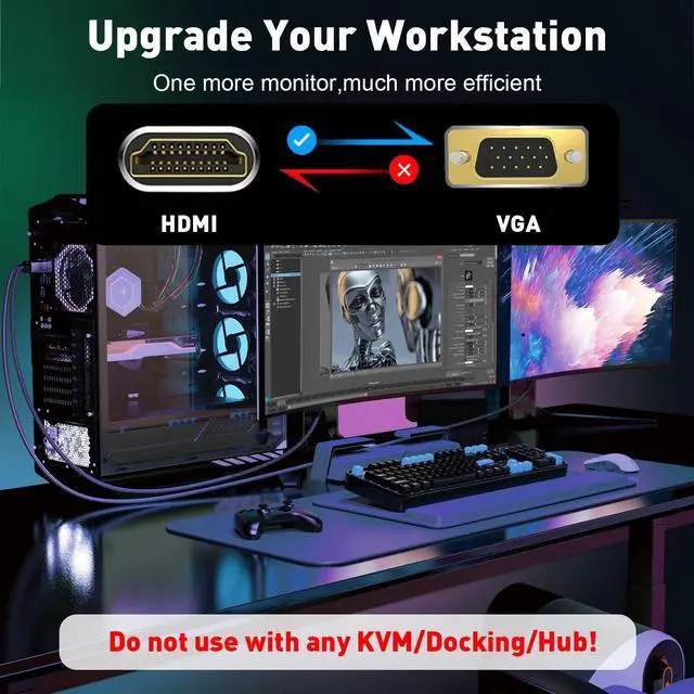 Alt view image 4 of 7 - HDMI to VGA Cable Adapter 6FT |Anti-Interference Gold-Plated Plugs| 1080P Uni-Directional HDMI (Source) to VGA (Monitor) Braided Cord (Male to Male) for PC Laptop Xbox Graphics Card