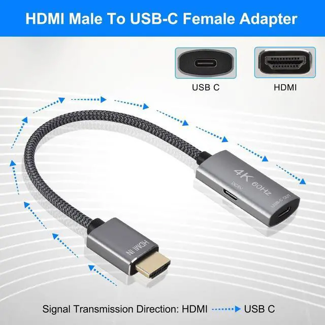 Alt view image 2 of 7 - HDMI Male to USB-C Female Cable Adapter with USB C Power Cable Uni-Directional HDMI (source) to Type C 3.1 (display) Converter 4K 60Hz Thunderbolt 3 Adapter for MacBook Pro  Surface Xreal Air