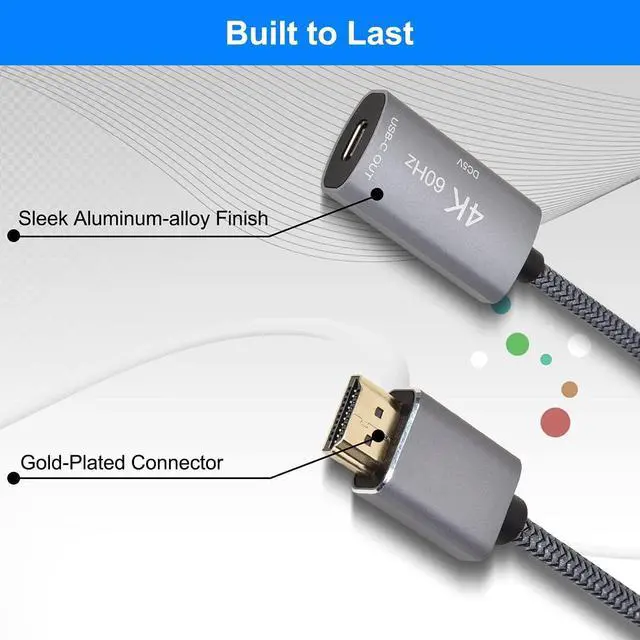 Alt view image 4 of 7 - HDMI Male to USB-C Female Cable Adapter with USB C Power Cable Uni-Directional HDMI (source) to Type C 3.1 (display) Converter 4K 60Hz Thunderbolt 3 Adapter for MacBook Pro  Surface Xreal Air