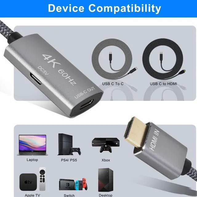 Alt view image 7 of 7 - HDMI Male to USB-C Female Cable Adapter with USB C Power Cable Uni-Directional HDMI (source) to Type C 3.1 (display) Converter 4K 60Hz Thunderbolt 3 Adapter for MacBook Pro  Surface Xreal Air