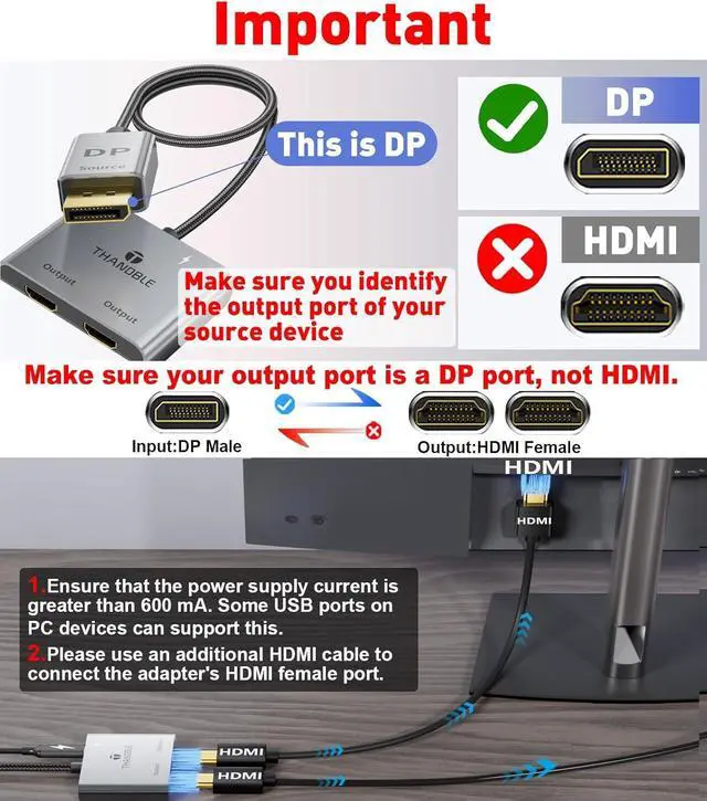 Alt view image 2 of 7 - DisplayPort to Dual HDMI Adapter (4K@60Hz) DP to HDMI Splitter for Dual Monitors Extended Display MST Display Port to HDMI 1 in 2 Out Hub for PC Graphics Card