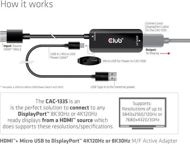 Alt view image 6 of 7 - CAC-1335 HDMI 2.1 to DisplayPort 1.4 4K120Hz or 8K30Hz M/F Active Adapter