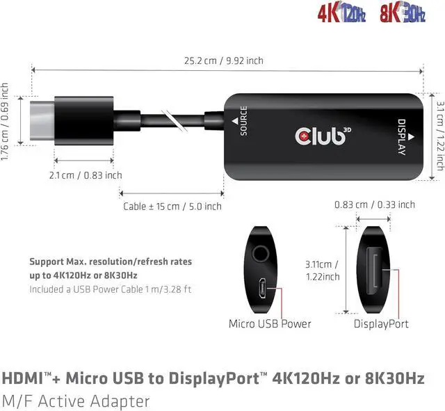 Alt view image 5 of 7 - CAC-1335 HDMI 2.1 to DisplayPort 1.4 4K120Hz or 8K30Hz M/F Active Adapter