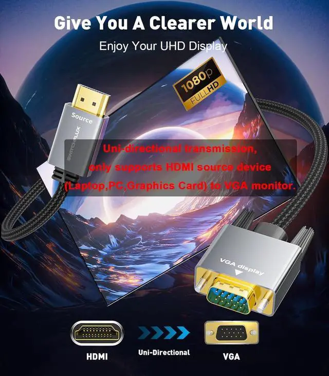 Alt view image 2 of 7 - HDMI to VGA Adapter Cable 6FT [Metal Case Nylon Cable] 1080P@60Hz HDMI Male to VGA Male Uni-Directional Braided Cord for Computer Laptop Monitor  Xbox Graphics Card More