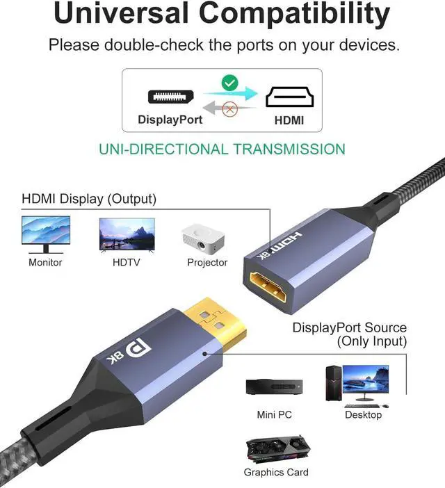 Alt view image 2 of 7 - 8K Display Port 1.4 to HDMI 2.1 Adapter 4K@120Hz 8K@60Hz Unidirectional DP to HDMI Converter Male DisplayPort to Female HDMI for PC Laptop Monitor TV